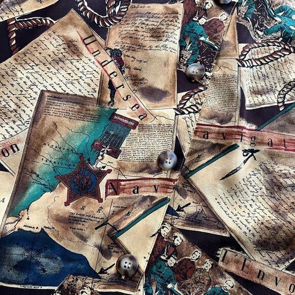 August Silk Vintage Print Blouse L - 100% Silk, History-Inspired Collage Pattern - Picture 8 of 9